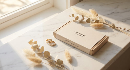Two gold wedding rings resting beside a discreet medical testing kit on a white marble surface, softly lit with warm natural light.