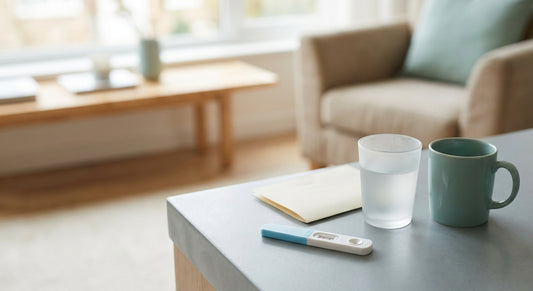A rapid STD test cassette resting on a clean white surface in a softly lit, private home setting, evoking calm and discretion.