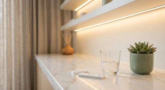 A discreet at-home diagnostic test kit resting on a clean marble surface in a calm, softly lit modern interior.