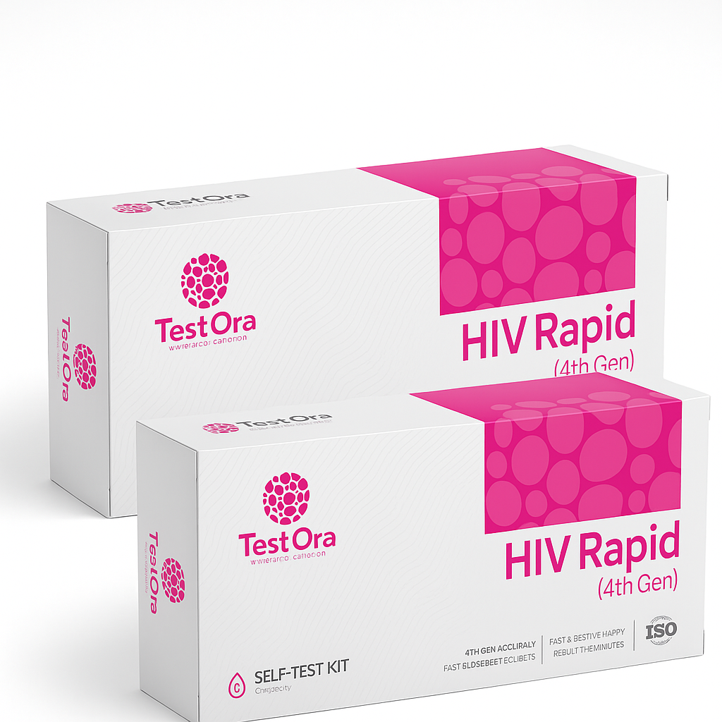 Two HIV Rapid (4th gen) self-test kit boxes stacked with pink branding