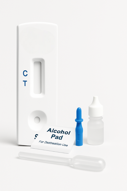HIV 4th-generation test kit with test cassette, alcohol pad, and dropper bottle