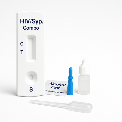 HIV/Syphilis combo test cassette with alcohol pad, dropper bottle, and swab