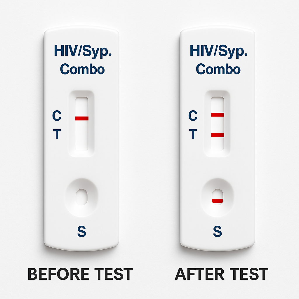 HIV/Syphilis combo test cassettes showing before/after results with red lines