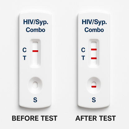 HIV/Syphilis combo test cassettes showing before/after results with red lines