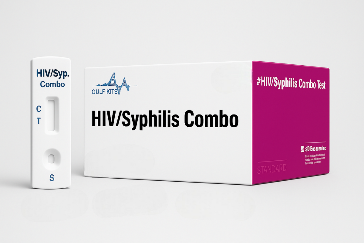 HIV/Syphilis combo test kit with white cassette and magenta test box