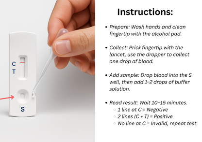 Hand holding chlamydia test cassette next to printed instructions
