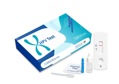 HPV test kit with box, test cassette, swab, dropper bottles, and reagent cap